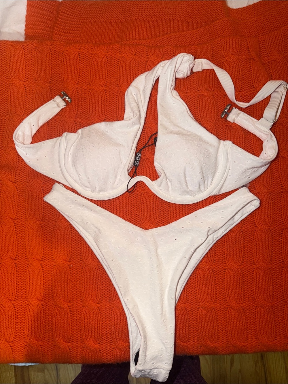 Zaful White Eyelet Halter Underwire Bikini Set
